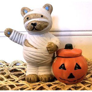 Halloween Mummy Teddy Bear w/ Jack-o'-lantern Tiny Candle, EUC